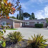 a front view of a house with a yard and potted plants