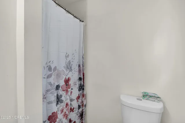 a bathroom with a shower curtain and a toilet
