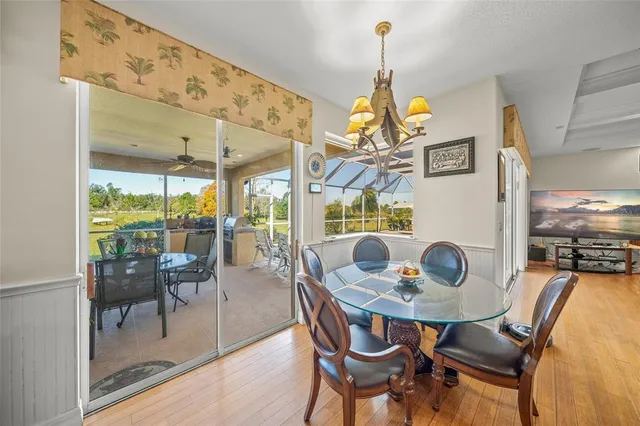 a view of a dining room with furniture wooden floor and chandelier