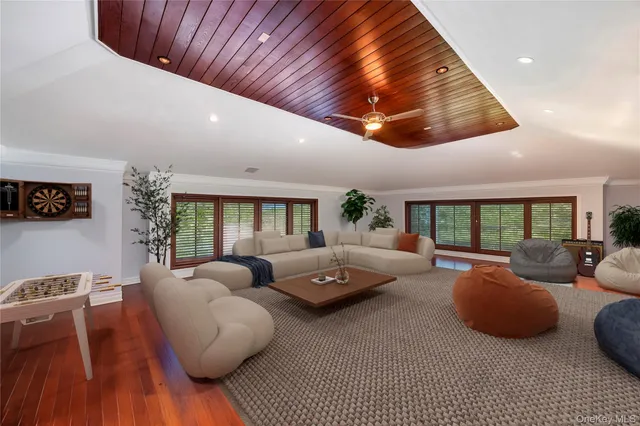 a living room with furniture ceiling fan and a rug
