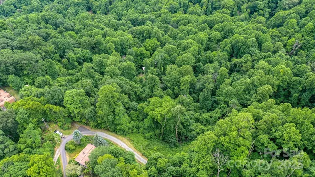 an aerial view of residential house with outdoor space and trees all around