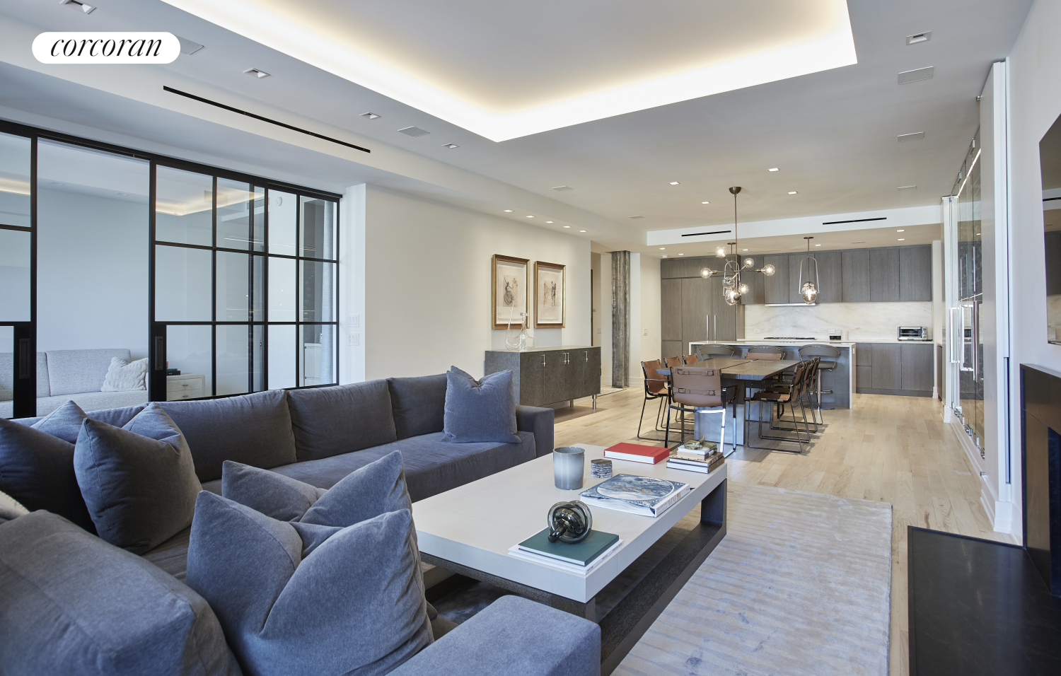 66 Leonard Street, Unit 12A Manhattan, NY 10013 - Photo 6 of 27 a living room with furniture and view of kitchen