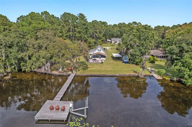 a aerial view of a house with swimming pool garden view and trees