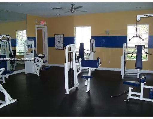 a view of a field with large trees