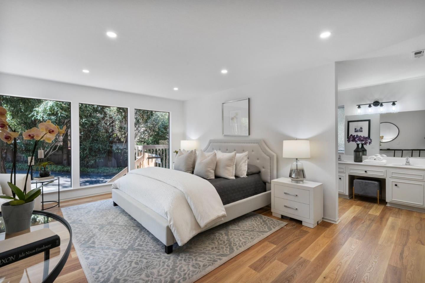 300 Sand Hill Circle, Unit 101 Menlo Park, CA 94025 - Photo 26 of 47 a living room with bed furniture and large windows