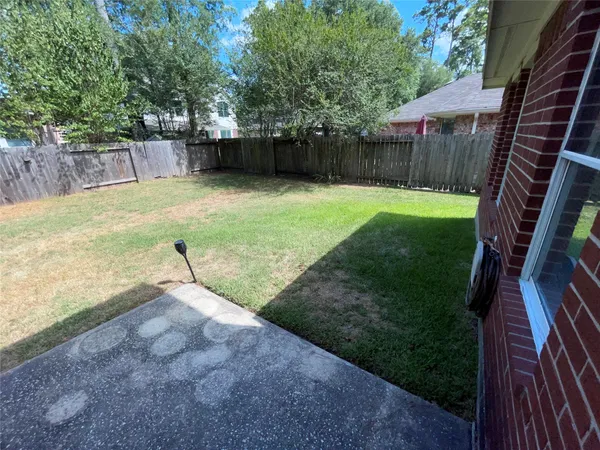 a view of a backyard with large tree and wooden fence
