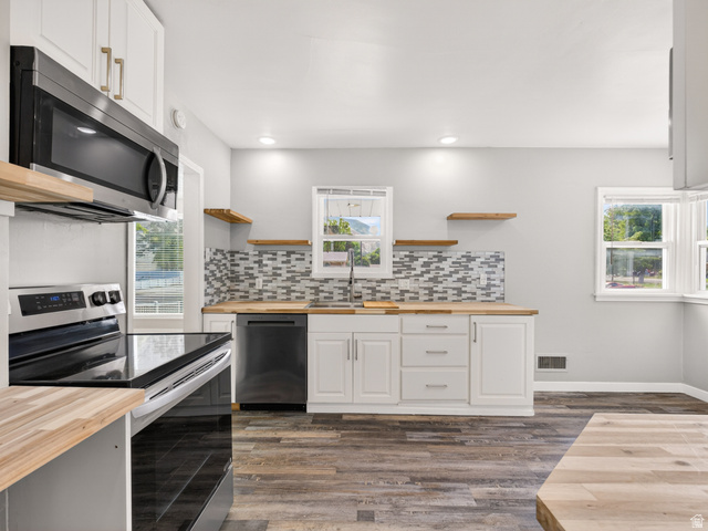 74 South 300 East Springville, UT 84663 - Photo 10 of 48 Contemporary kitchen featuring stainless steel appliances, wood-finish countertops, white cabinetry, a mosaic tile backsplash, and recessed lighting