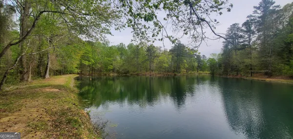 a view of a lake with a yard and large trees
