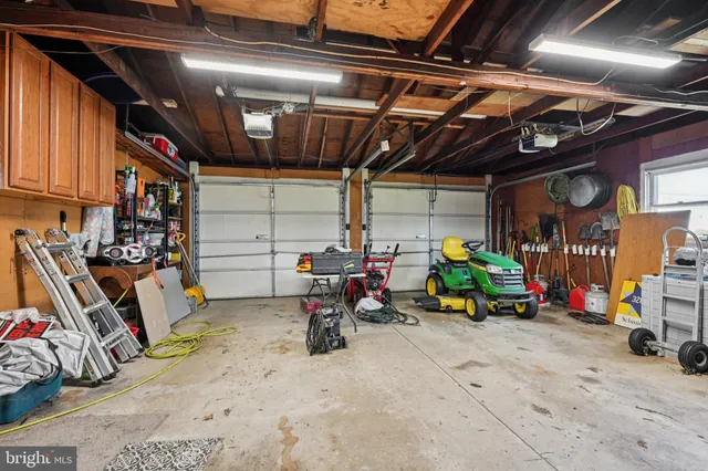 a view of a garage with storage