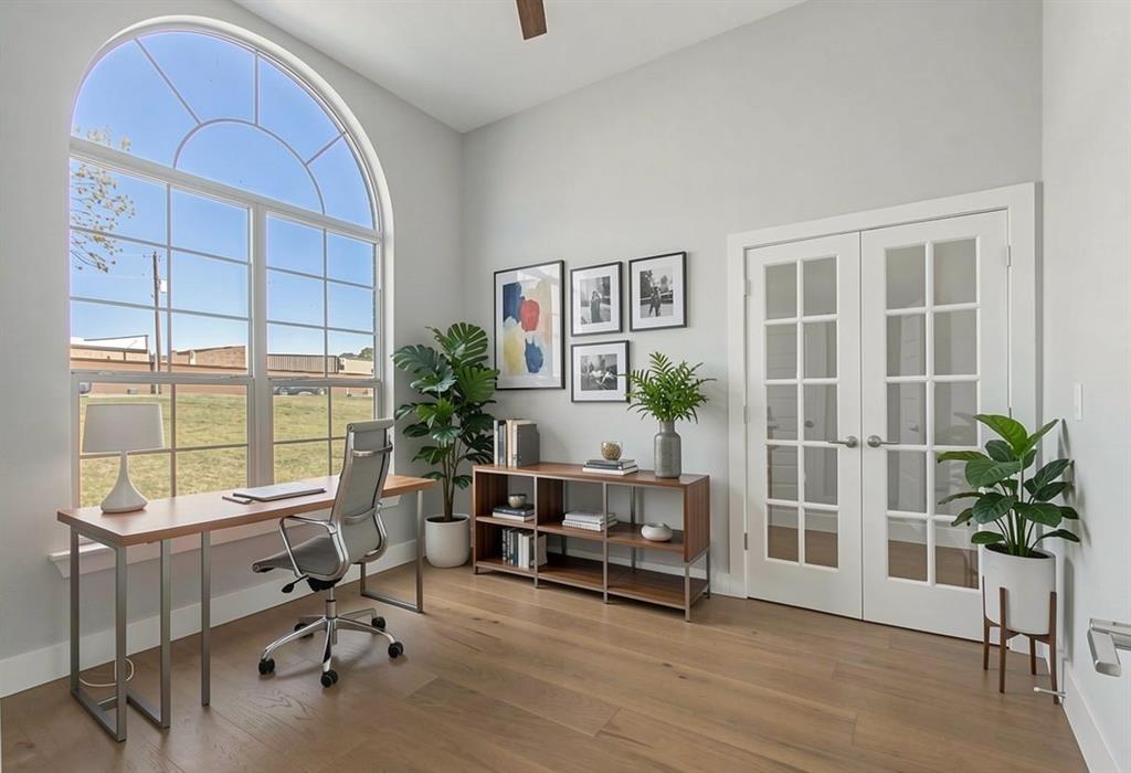 108 Winding Way Azle, TX 76020 - Photo 16 of 39 Office space with french doors, light wood-style flooring, and a ceiling fan