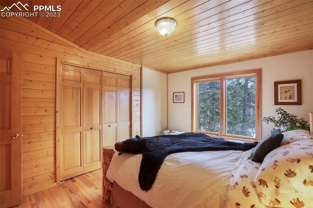 265 Broken Wheel Drive Divide, CO 80814 - Photo 18 of 50 a bedroom with a bed and a large window with wooden floor
