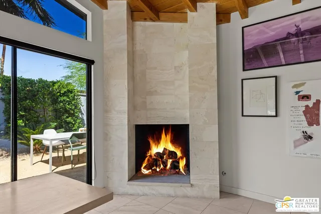 a fireplace with wooden floor