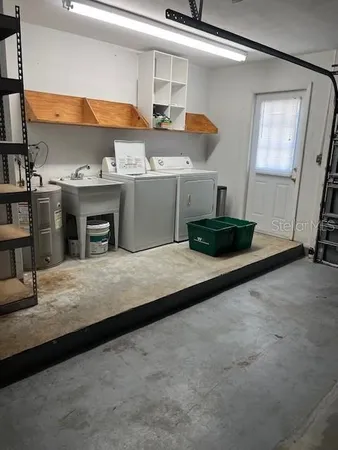 a view of a garage with racks