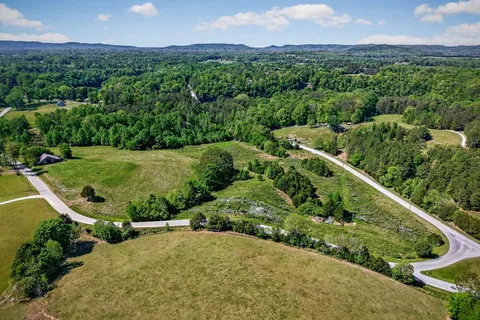 an aerial view of residential houses with outdoor space and trees