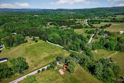 a view of a lush green forest with a house