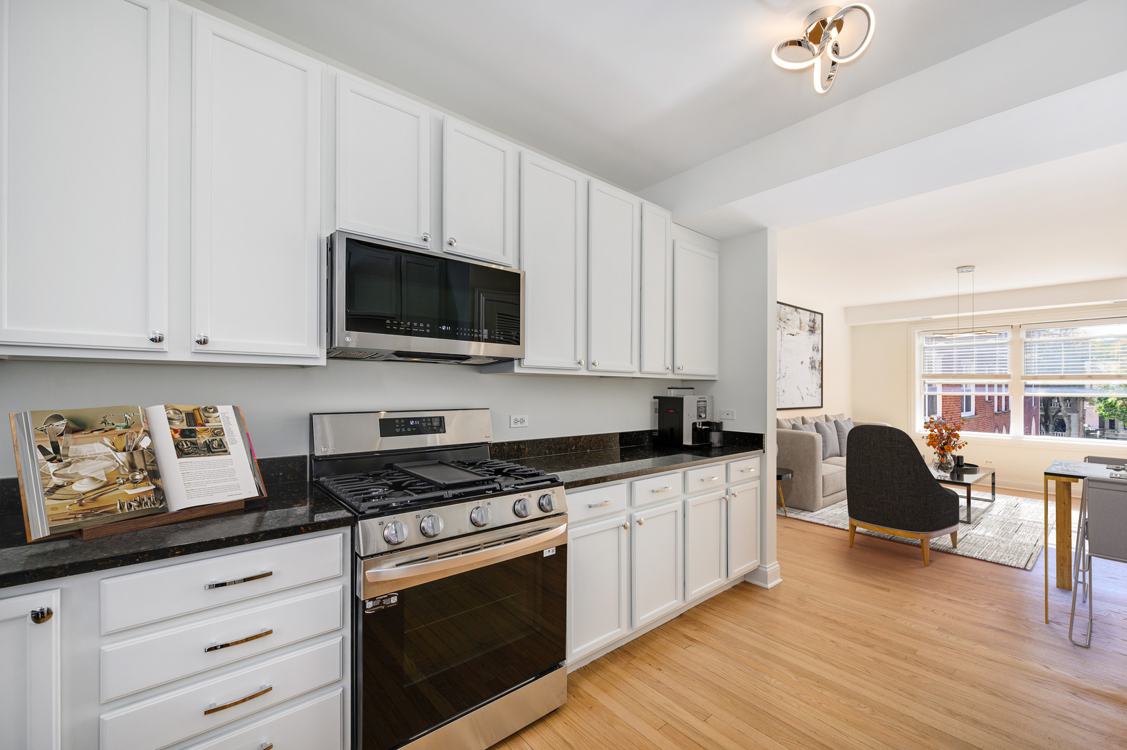 1544 West Sherwin Avenue, Unit 2N Chicago, IL 60626 - Photo 2 of 19 a kitchen with stainless steel appliances granite countertop a stove a sink and a microwave