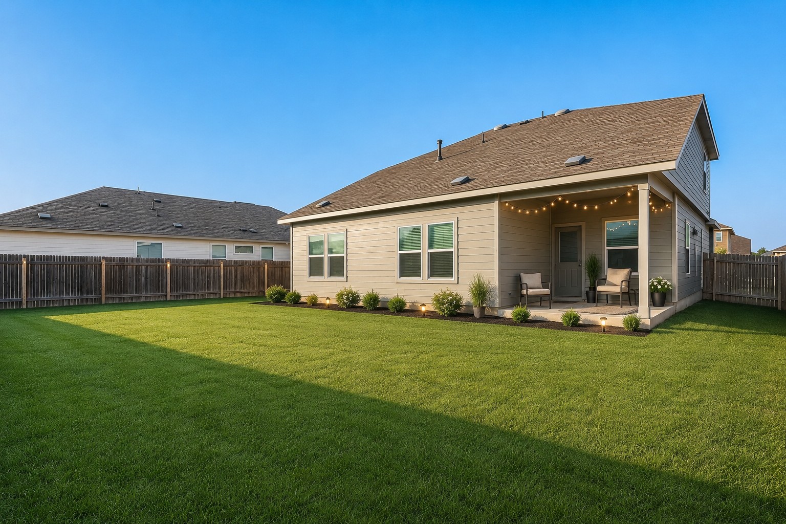 207 Otter Road Kyle, TX 78640 - Photo 19 of 26 An expansive green lawn complements the covered back porch and neutral siding of this modern home.
