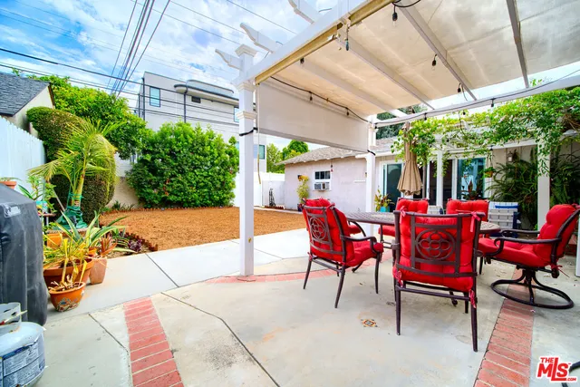 a view of a dining table and chairs in the patio