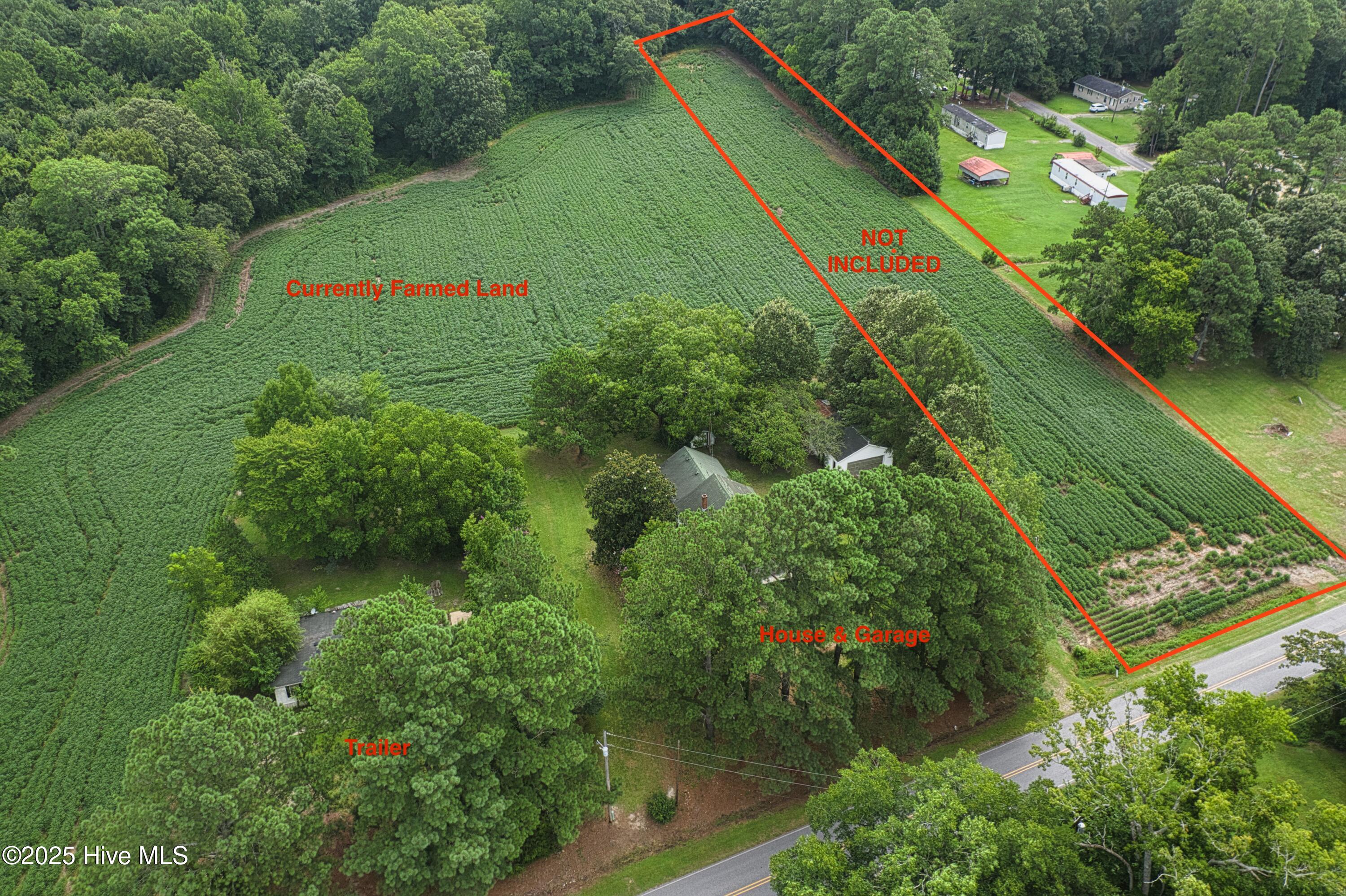 175 Union Hall Road Hertford, NC 27944 - Photo 2 of 36 drone photo shows location of trailer, home, garage and farm land that comes with home. AND parcel that does not come with the home