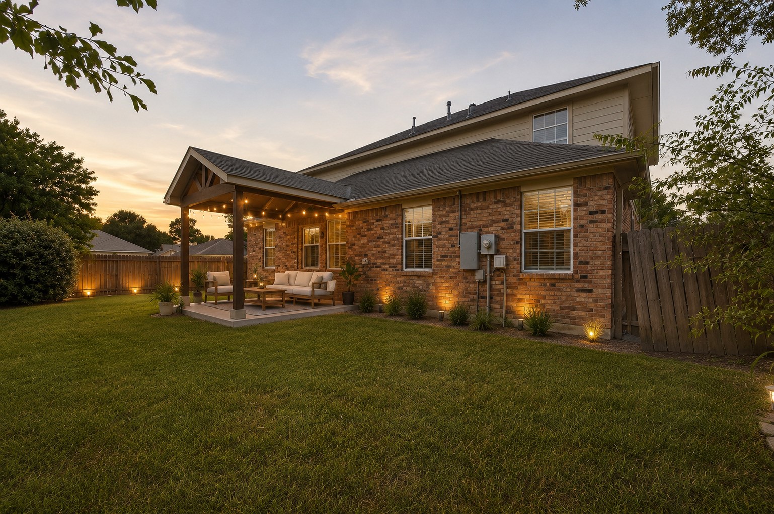 3418 Lockgate Drive Spring, TX 77388 - Photo 43 of 47 This view highlights the covered patio and its cozy seating area, beautifully lit by string lighting as the sun sets. The fully fenced backyard offers privacy, while the surrounding landscape lighting adds a magical touch to outdoor evenings. This photo has been virtually staged or enhanced. Furniture, decor, and/or lighting shown may not reflect the current condition of the property.