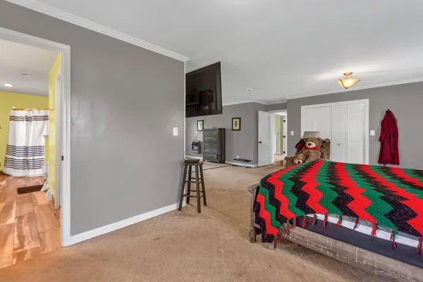 a bedroom with a bed and a tv