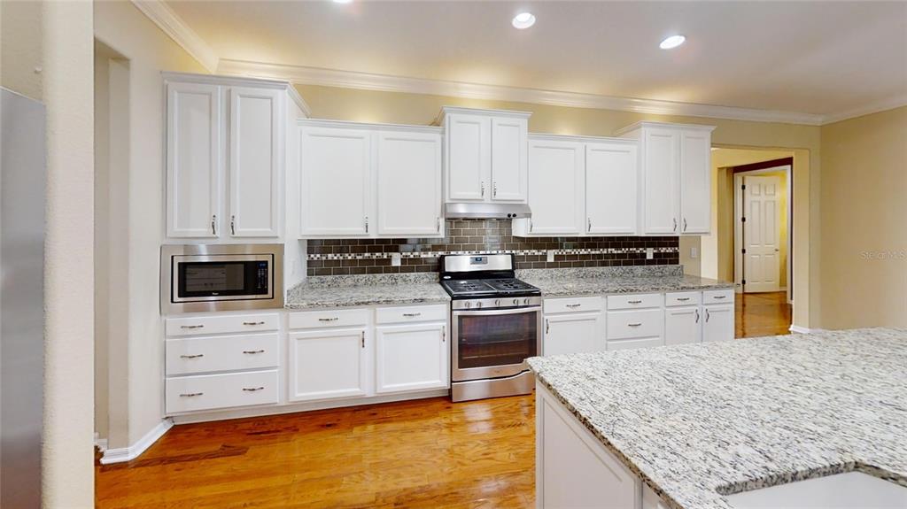 9273 Southwest 91st Ct Road Ocala, FL 34481 - Photo 13 of 38 a kitchen with stainless steel appliances granite countertop a stove a sink and a microwave
