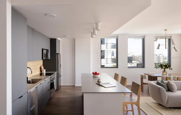 a view of a kitchen and dining room