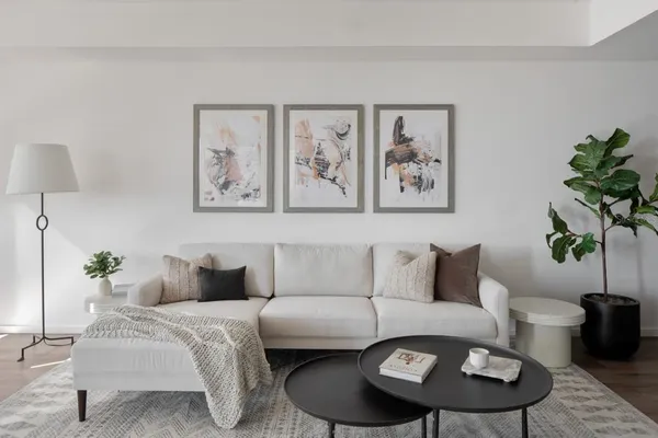 a living room with furniture and a potted plant