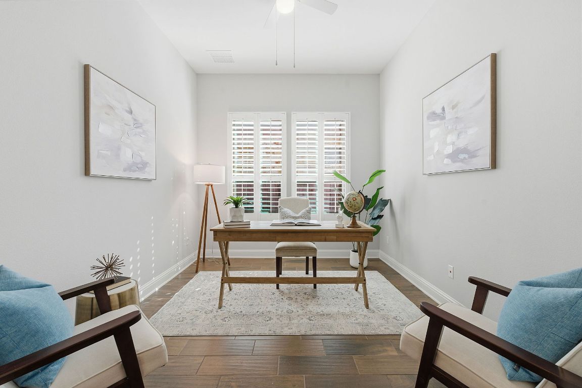 4020 Logan Ridge Drive Cedar Park, TX 78613 - Photo 17 of 40 Office area featuring dark wood-style flooring and ceiling fan
