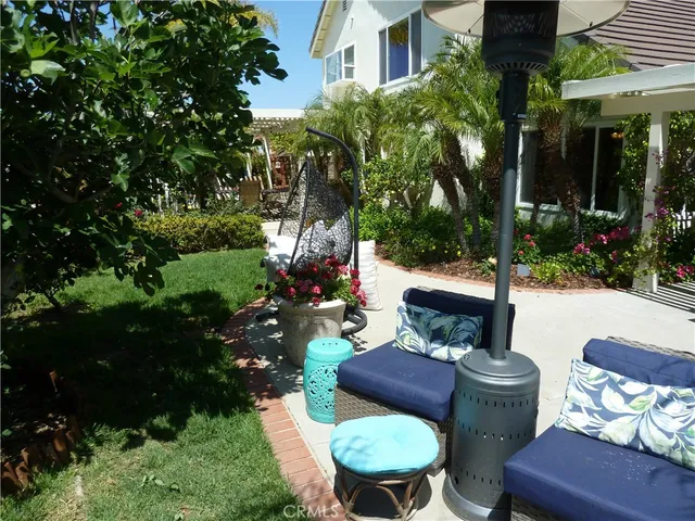 a view of a patio with couches table and chairs potted plants and palm tree