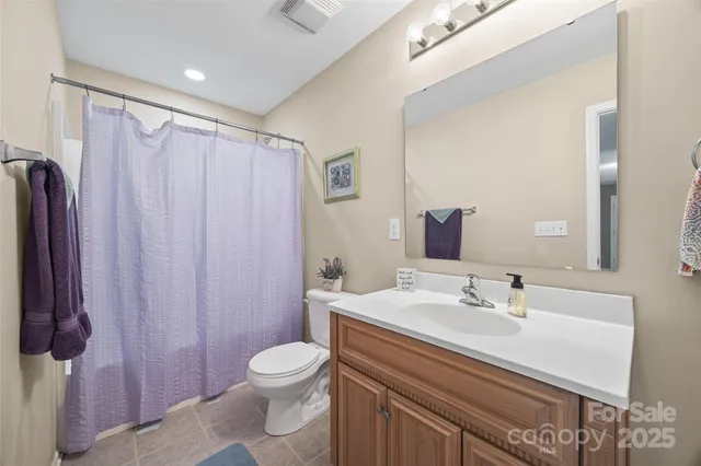 a bathroom with a sink a toilet a mirror and shower curtain