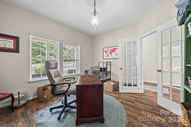 a workspace with furniture window and outside view