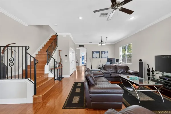 a view of a porch with wooden floor