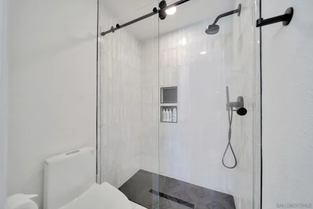 a bathroom with a shower and toilet