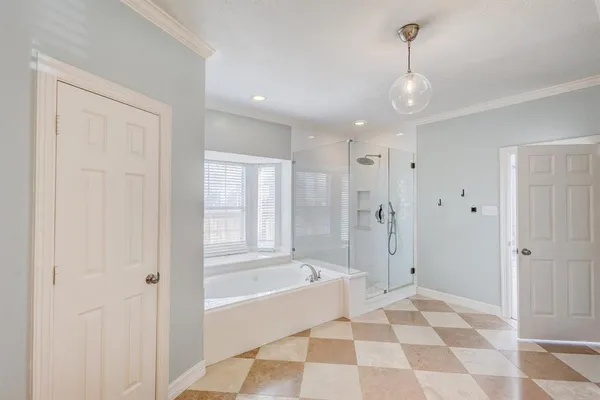 a bathroom with a bathtub and a shower