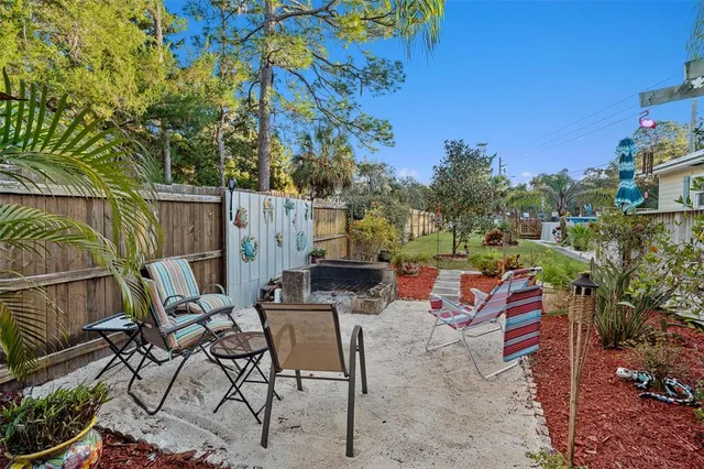 a backyard of a house with outdoor seating