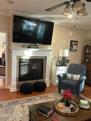 a living room with furniture and a fireplace