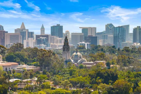 a view of a city with tall buildings