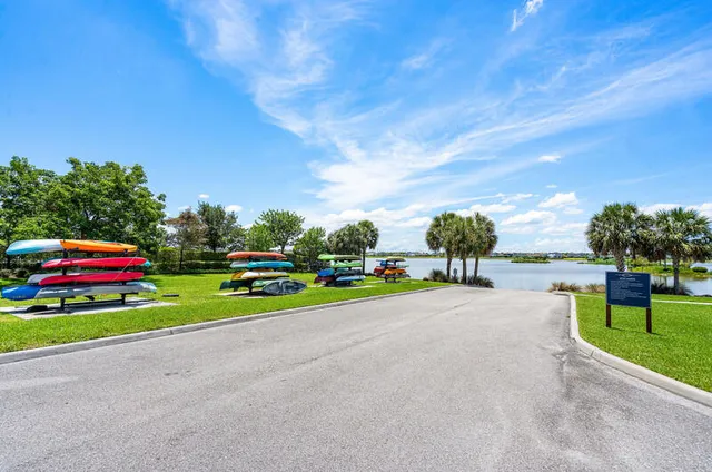 an aerial view of a city with lawn chairs