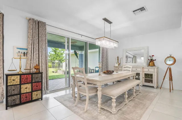 a view of a dining room with furniture window and outside view