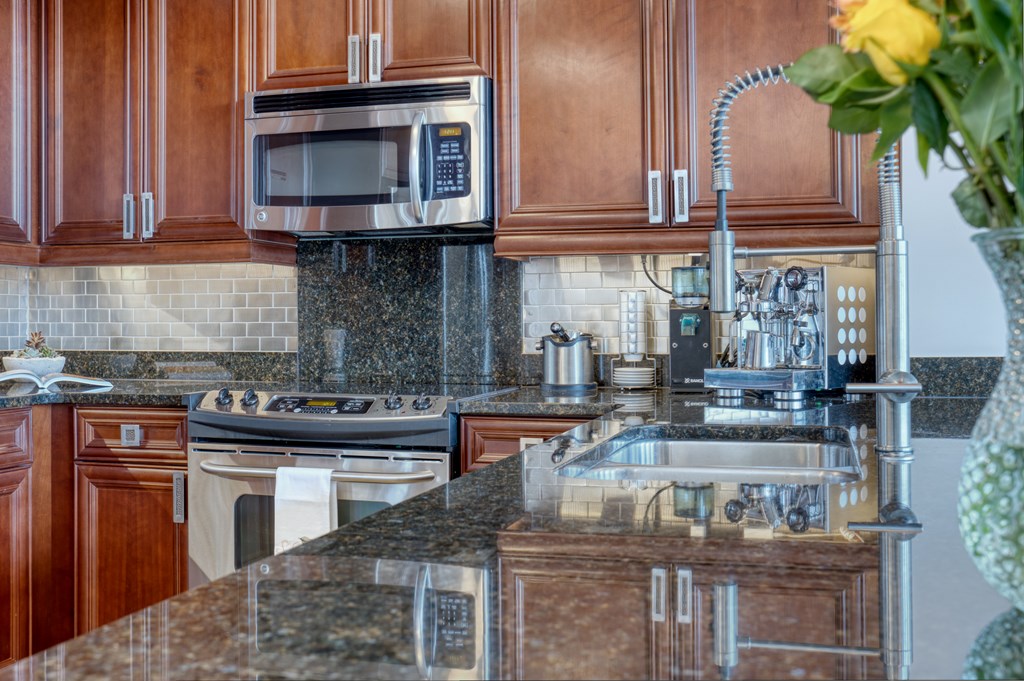 1201 Front Avenue, Unit 522 Columbus, GA 31901 - Photo 12 of 56 a kitchen with stainless steel appliances granite countertop a stove and a microwave