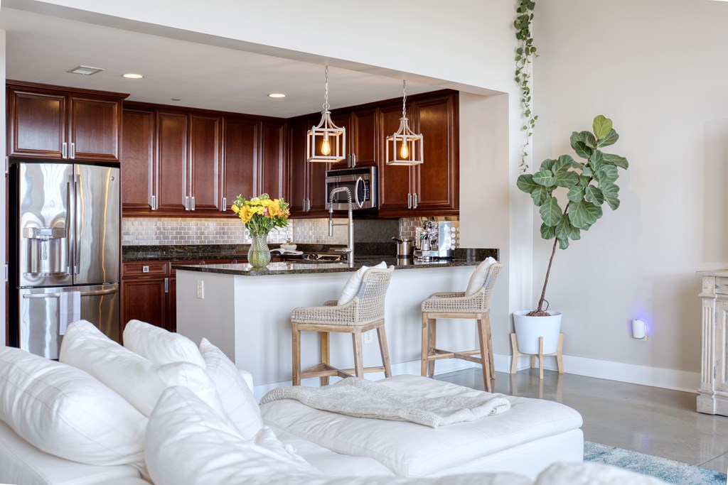 1201 Front Avenue, Unit 522 Columbus, GA 31901 - Photo 14 of 56 a living room with stainless steel appliances furniture a chandelier and a dining table