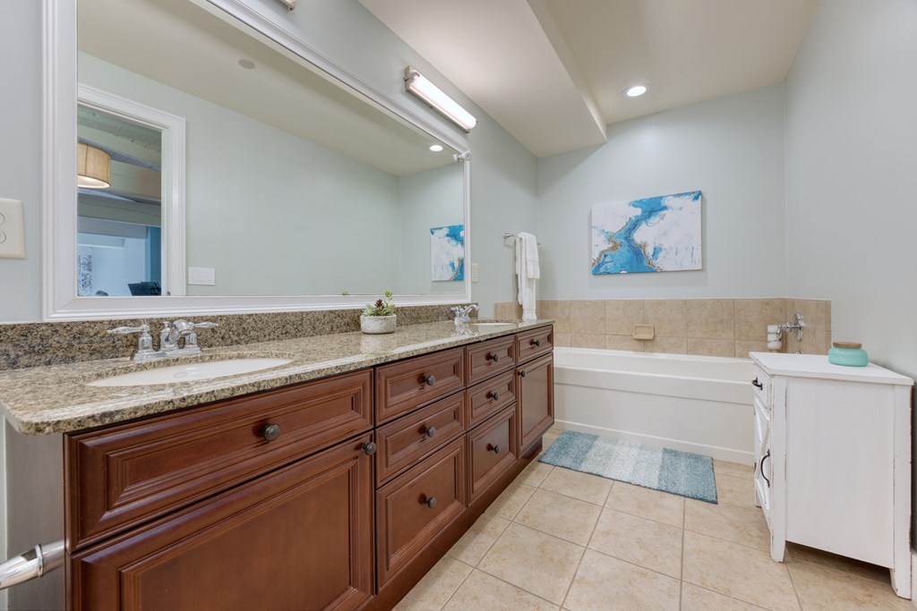 1201 Front Avenue, Unit 522 Columbus, GA 31901 - Photo 36 of 56 a spacious bathroom with a granite countertop double vanity sink a mirror and a bathtub