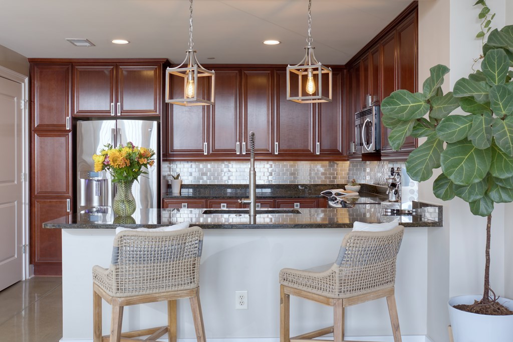 1201 Front Avenue, Unit 522 Columbus, GA 31901 - Photo 9 of 56 a kitchen with kitchen island granite countertop stainless steel appliances lots of counter space furniture and cabinets