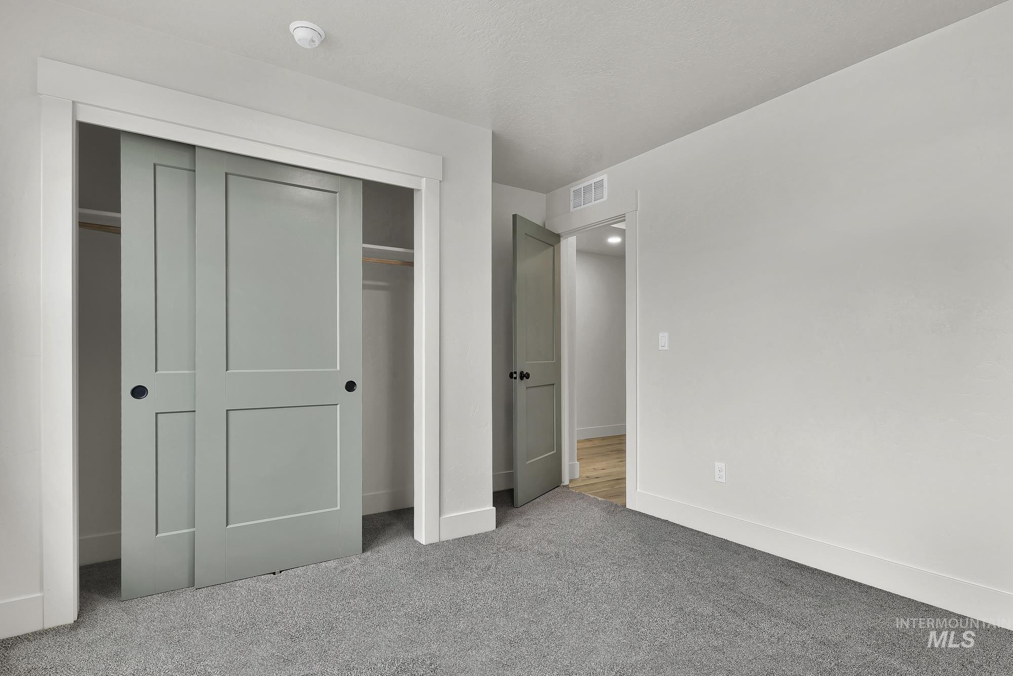 1130 Velvet Loop Wilder, ID 83676 - Photo 29 of 35 Gray sliding closet doors with black hardware, white trim, gray carpet, and a light-colored wall finish