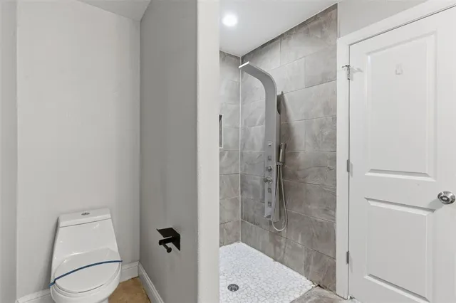 a bathroom with a shower and toilet