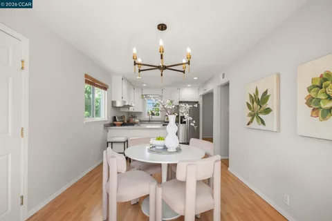 a view of a dining room with furniture