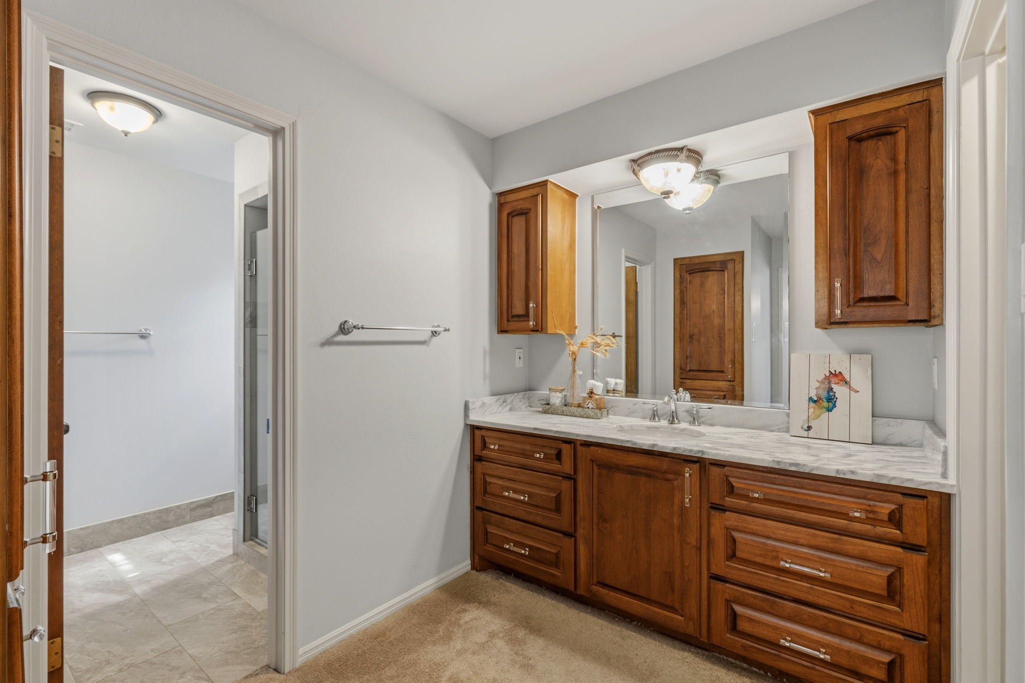 17507 Oxhill Court Spring, TX 77388 - Photo 24 of 44 This primary bathroom has beautiful cabinets and countertops!