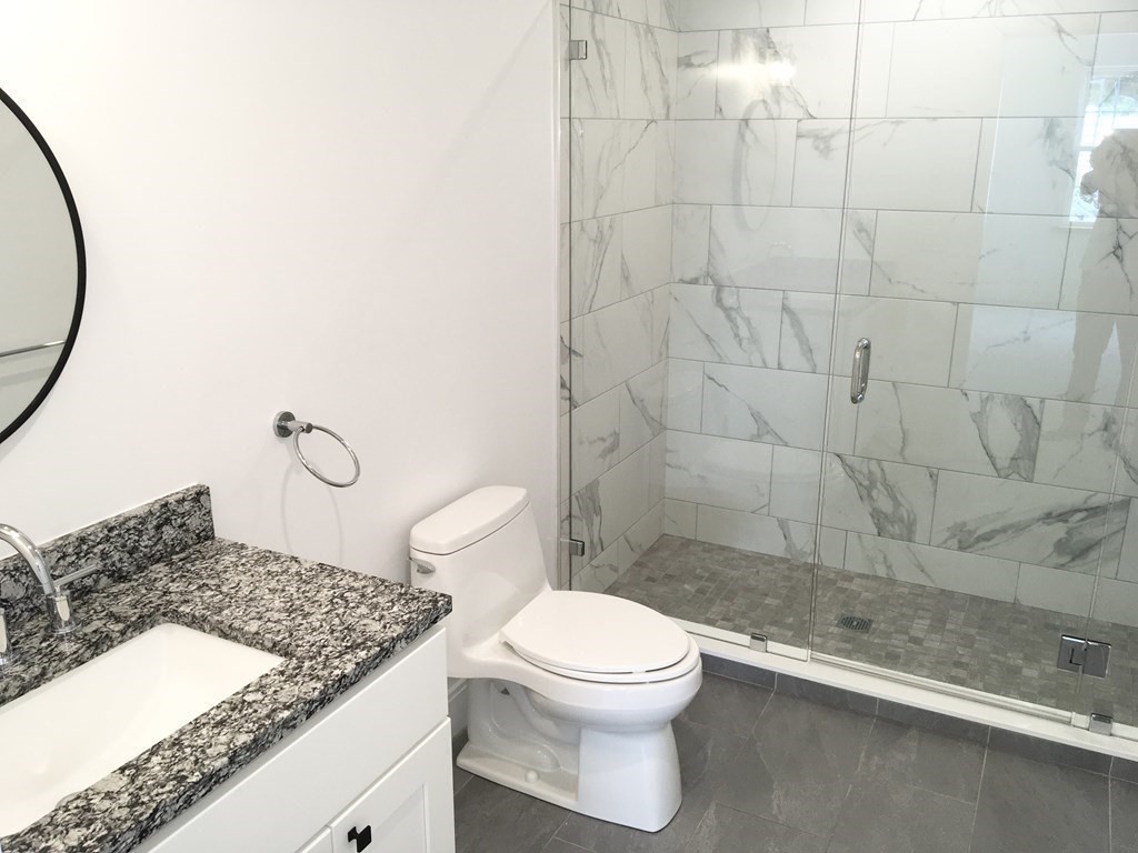 2239 Washington Street, Unit 200 Canton, MA 02021 - Photo 19 of 35 a bathroom with a granite countertop sink a toilet and a shower