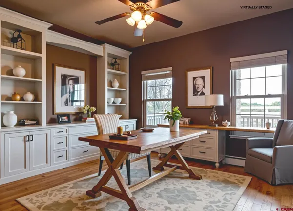 a workspace with wooden floor